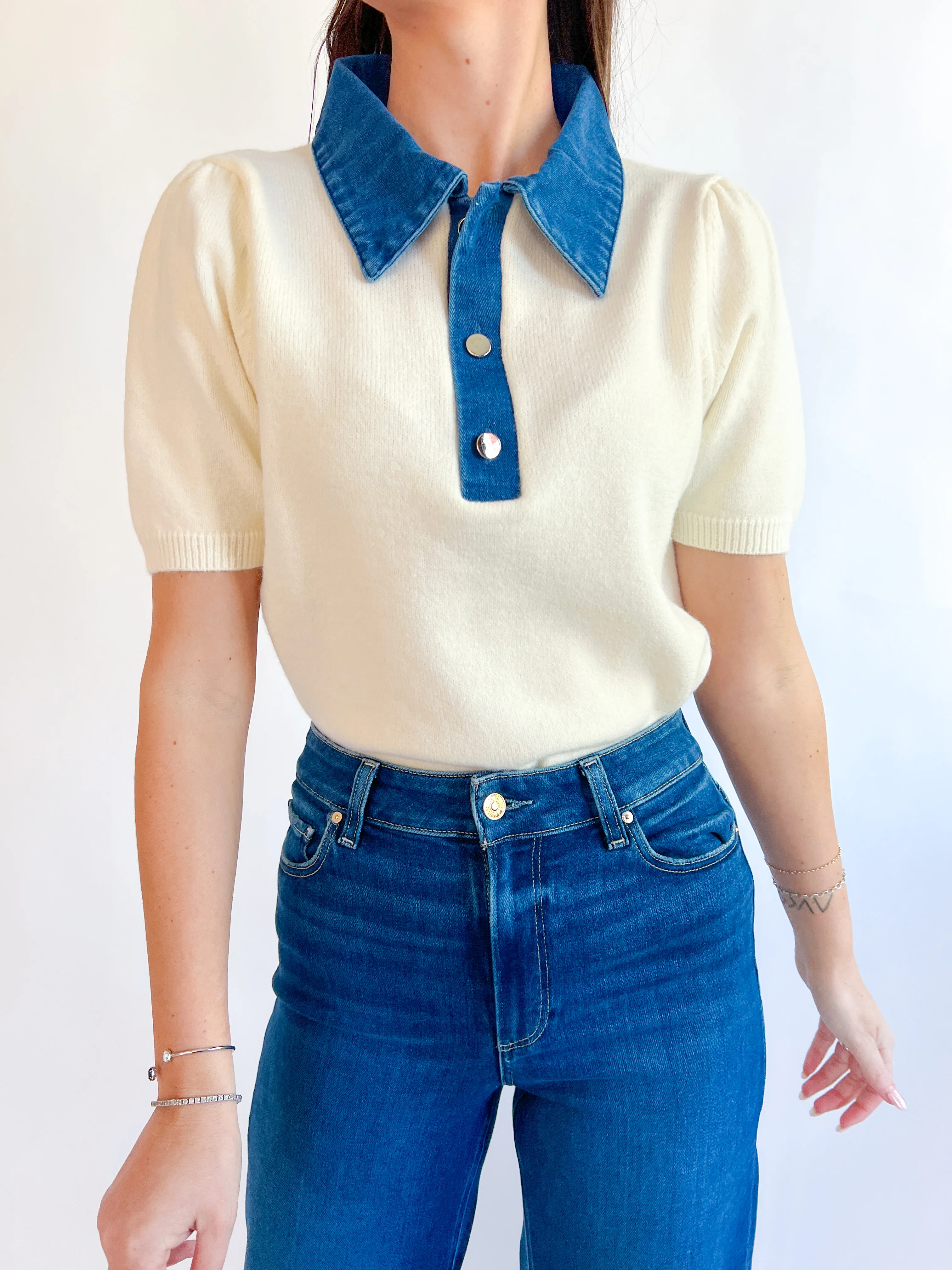 Denim Collar Knit Sweater Top