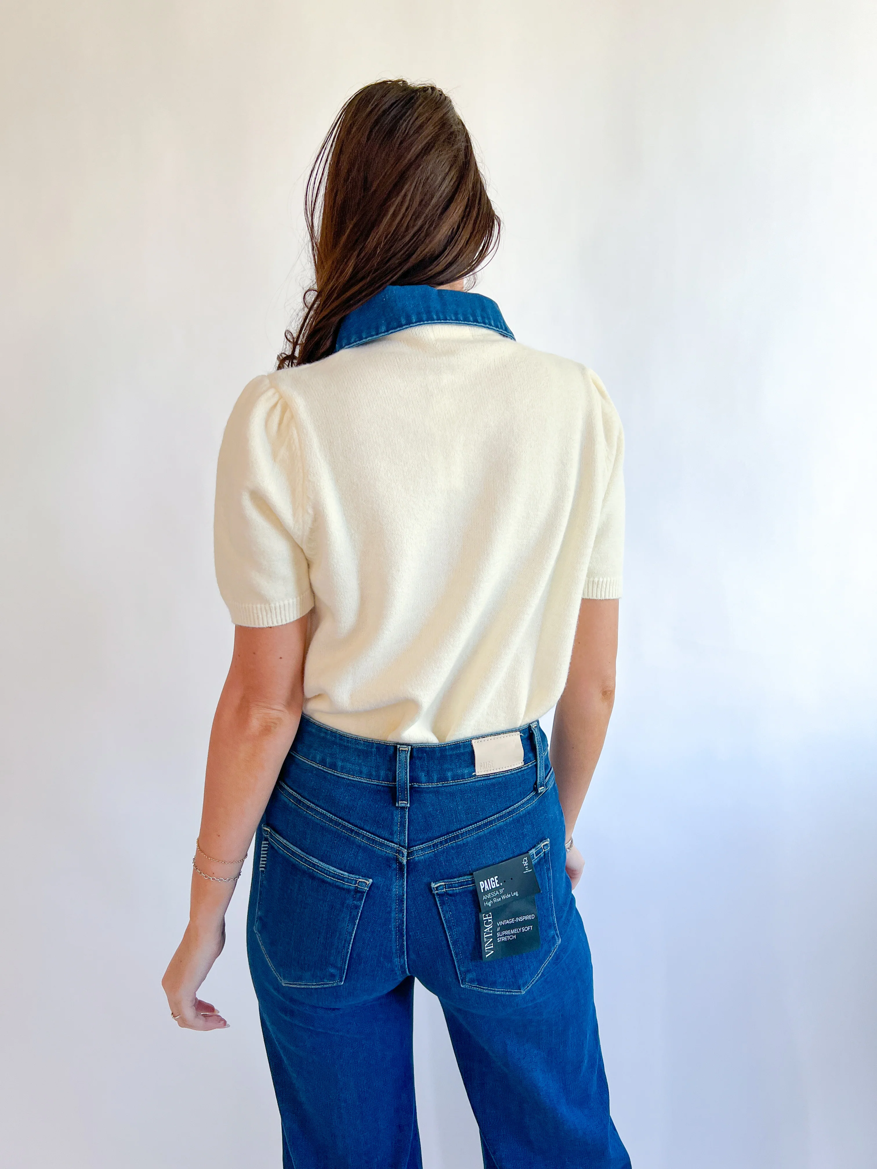 Denim Collar Knit Sweater Top - Image 2