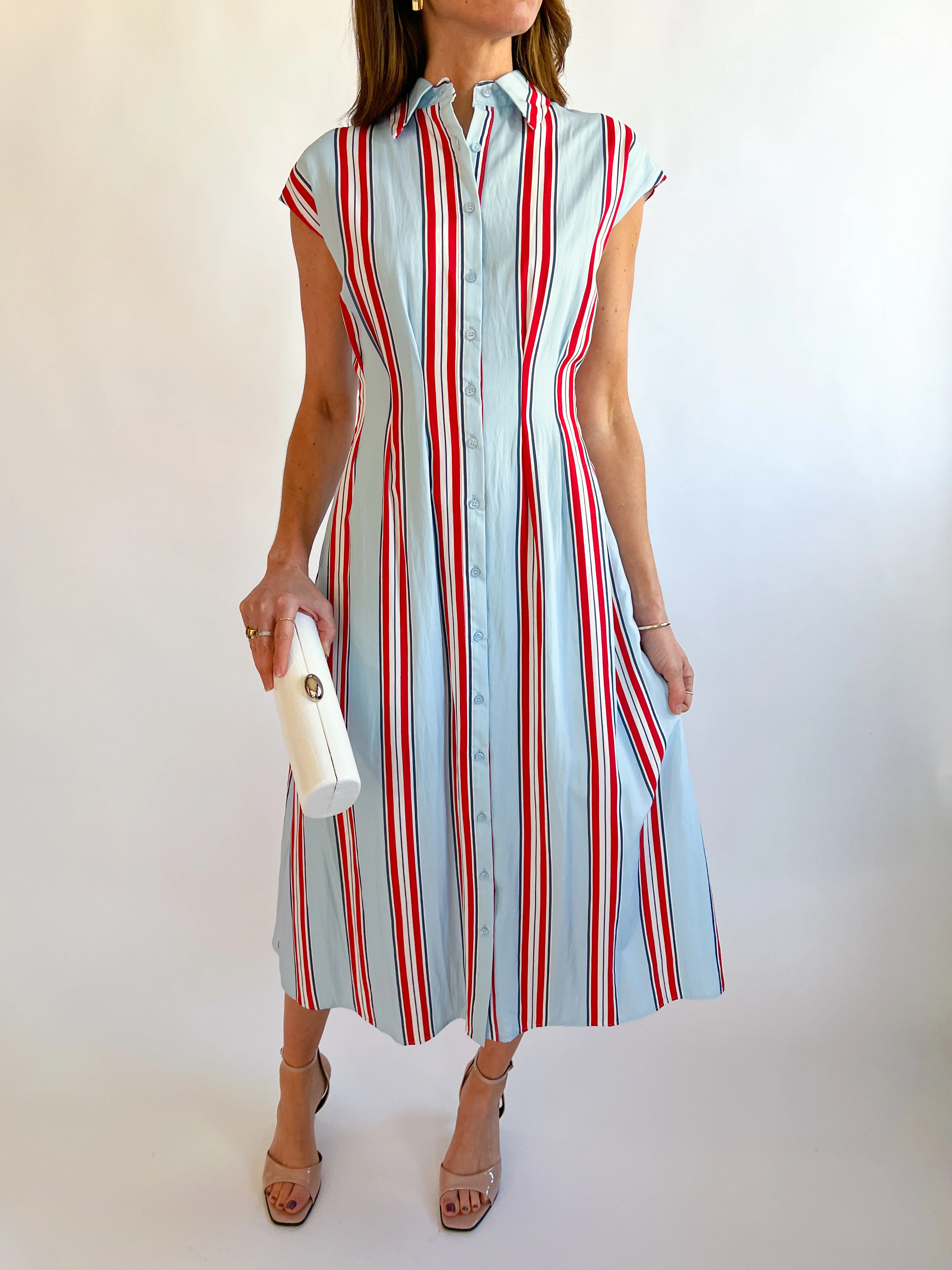 Fitted Bodice Striped Button Down Midi Dress