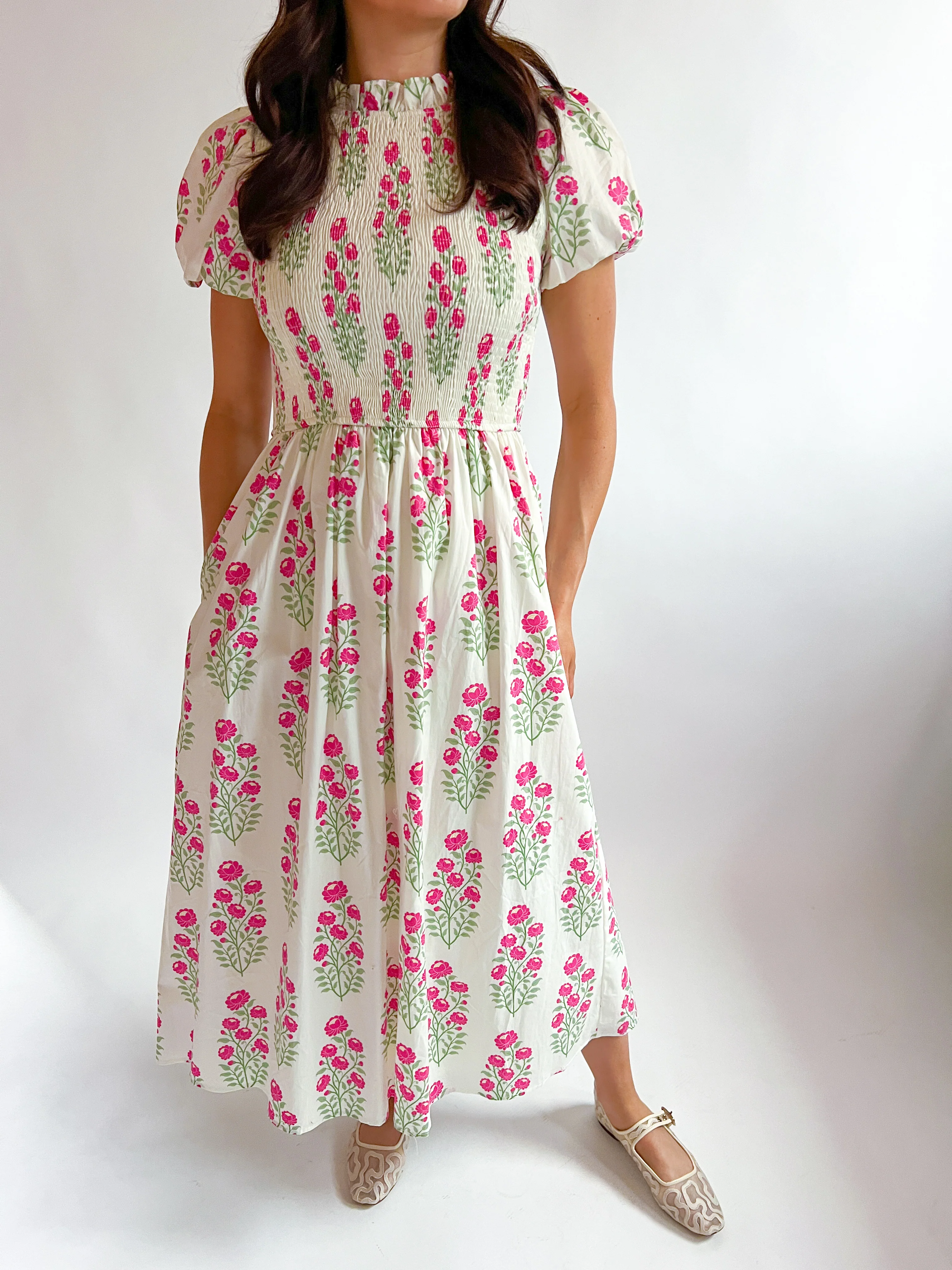 Brooks Floral Smocked High Neck Midi Dress
