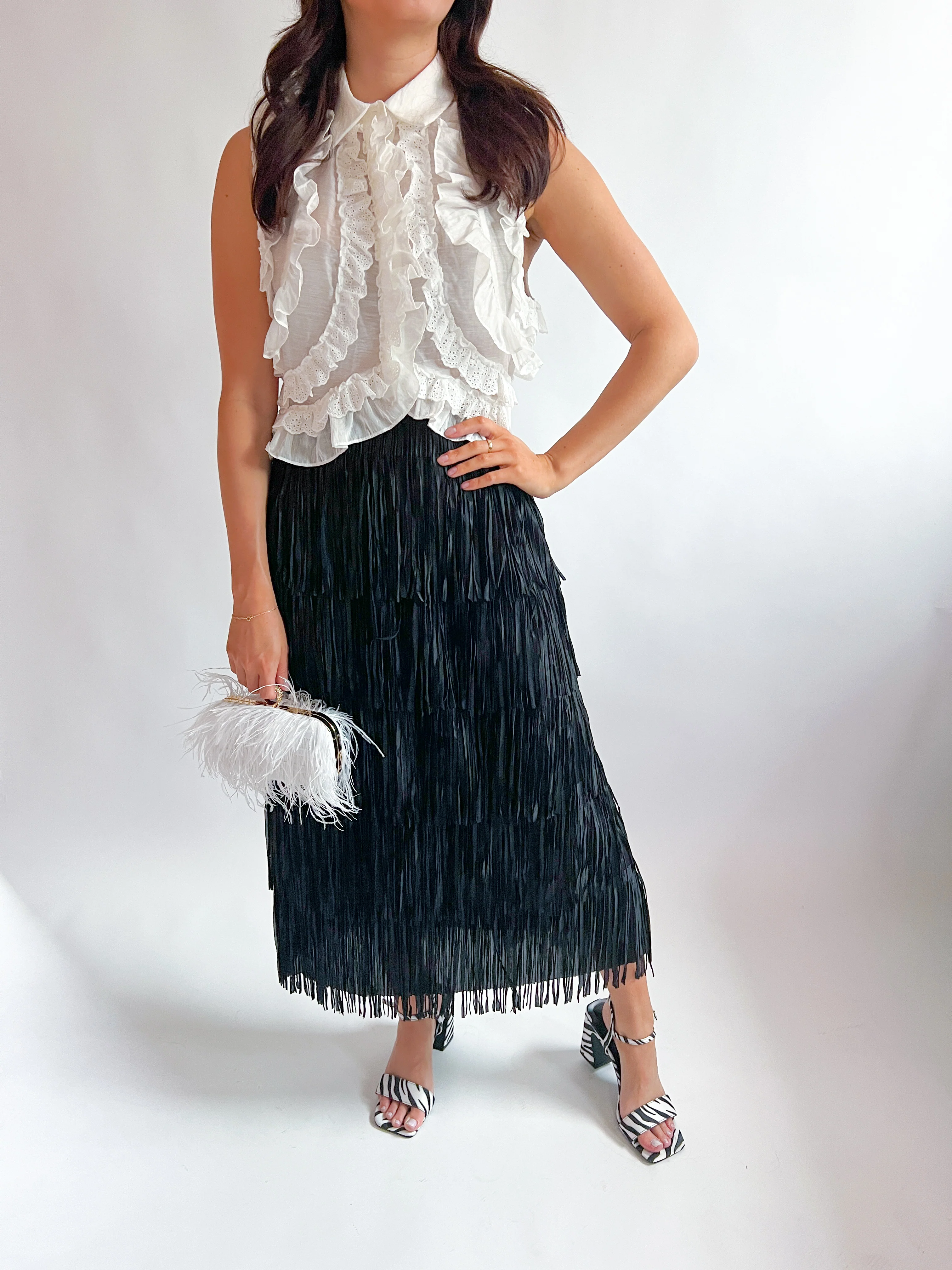 Fringed High Waist A-Line Tiered Skirt - Image 3
