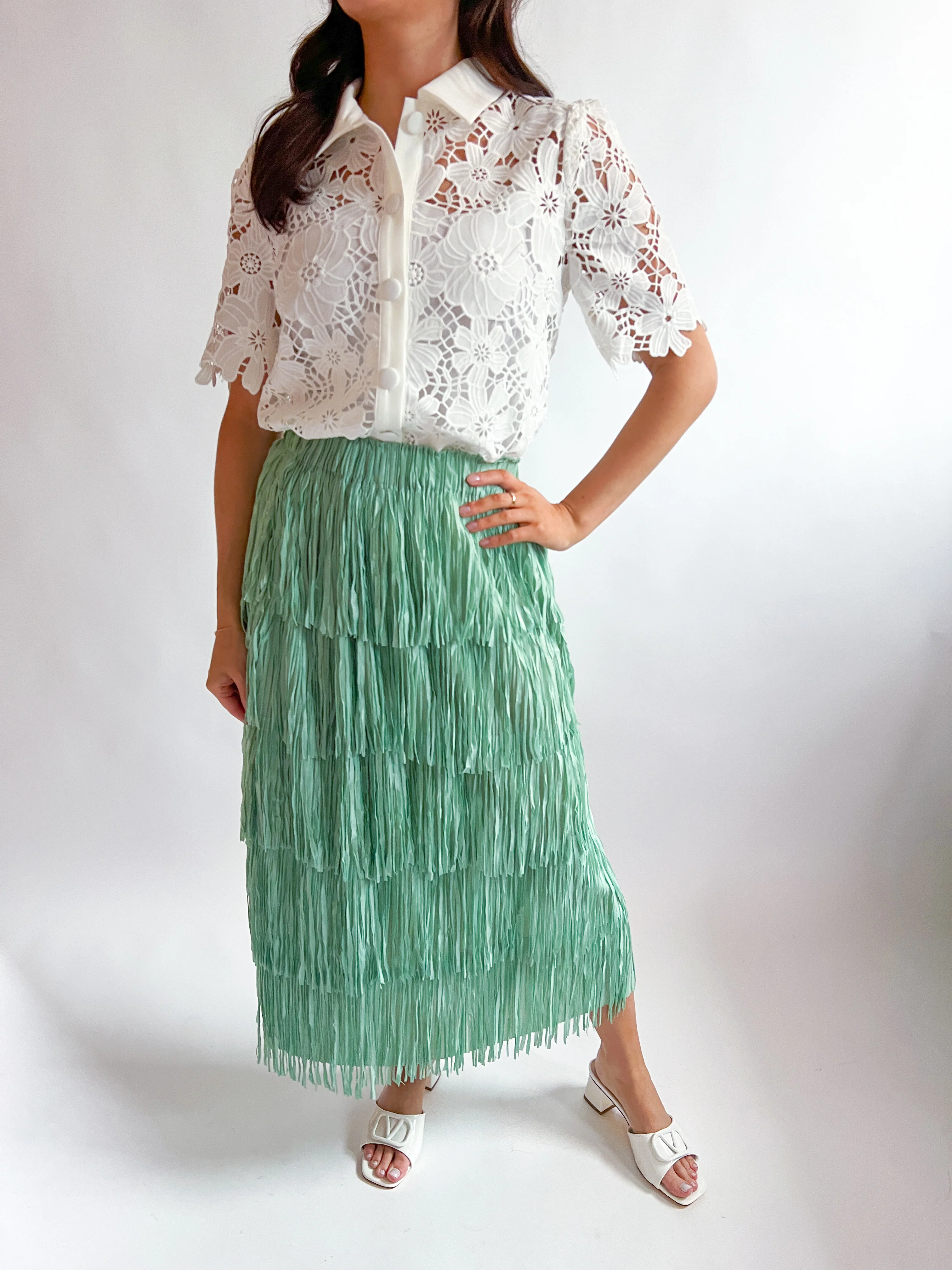 Fringed High Waist A-Line Tiered Skirt - Image 4