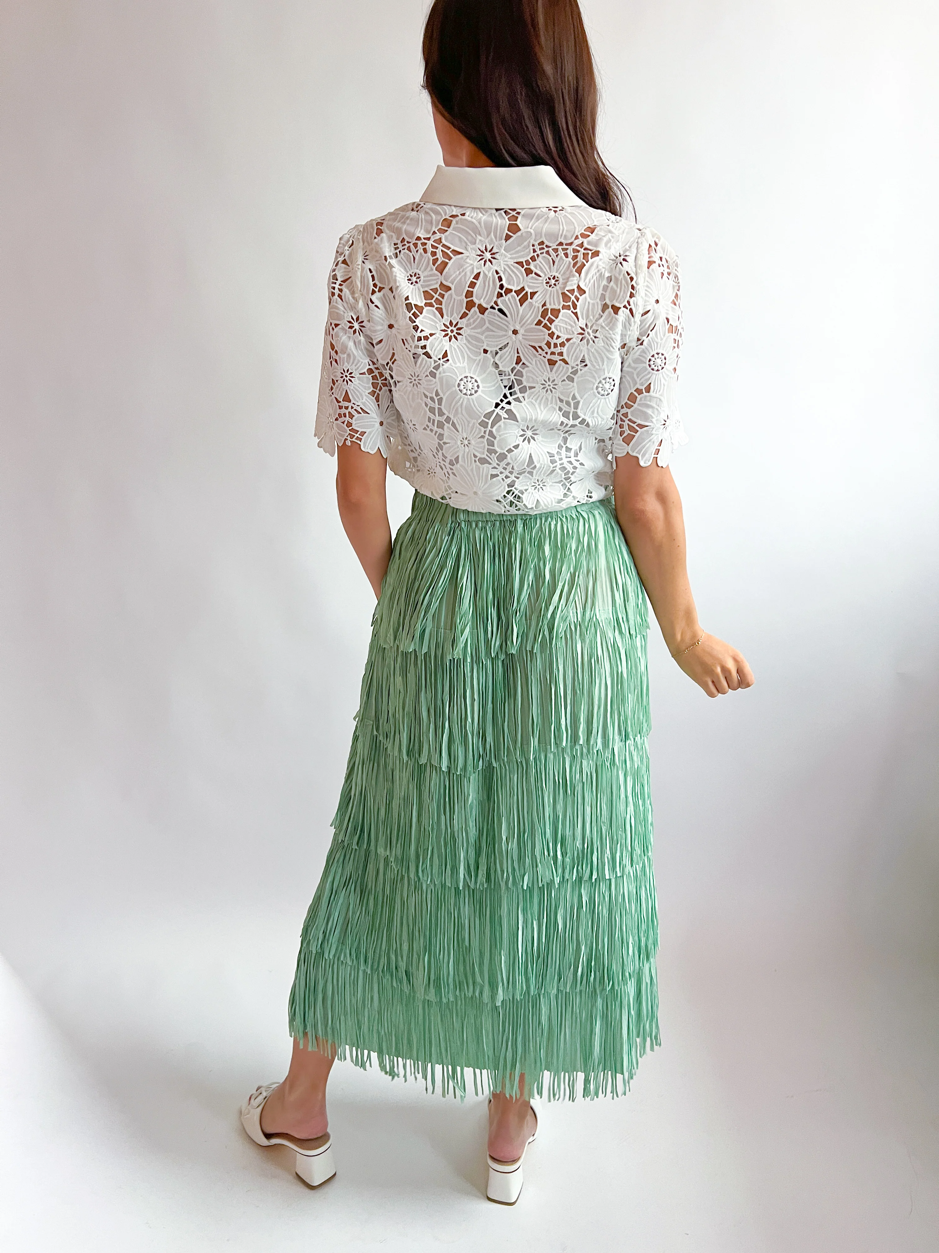 Fringed High Waist A-Line Tiered Skirt - Image 5