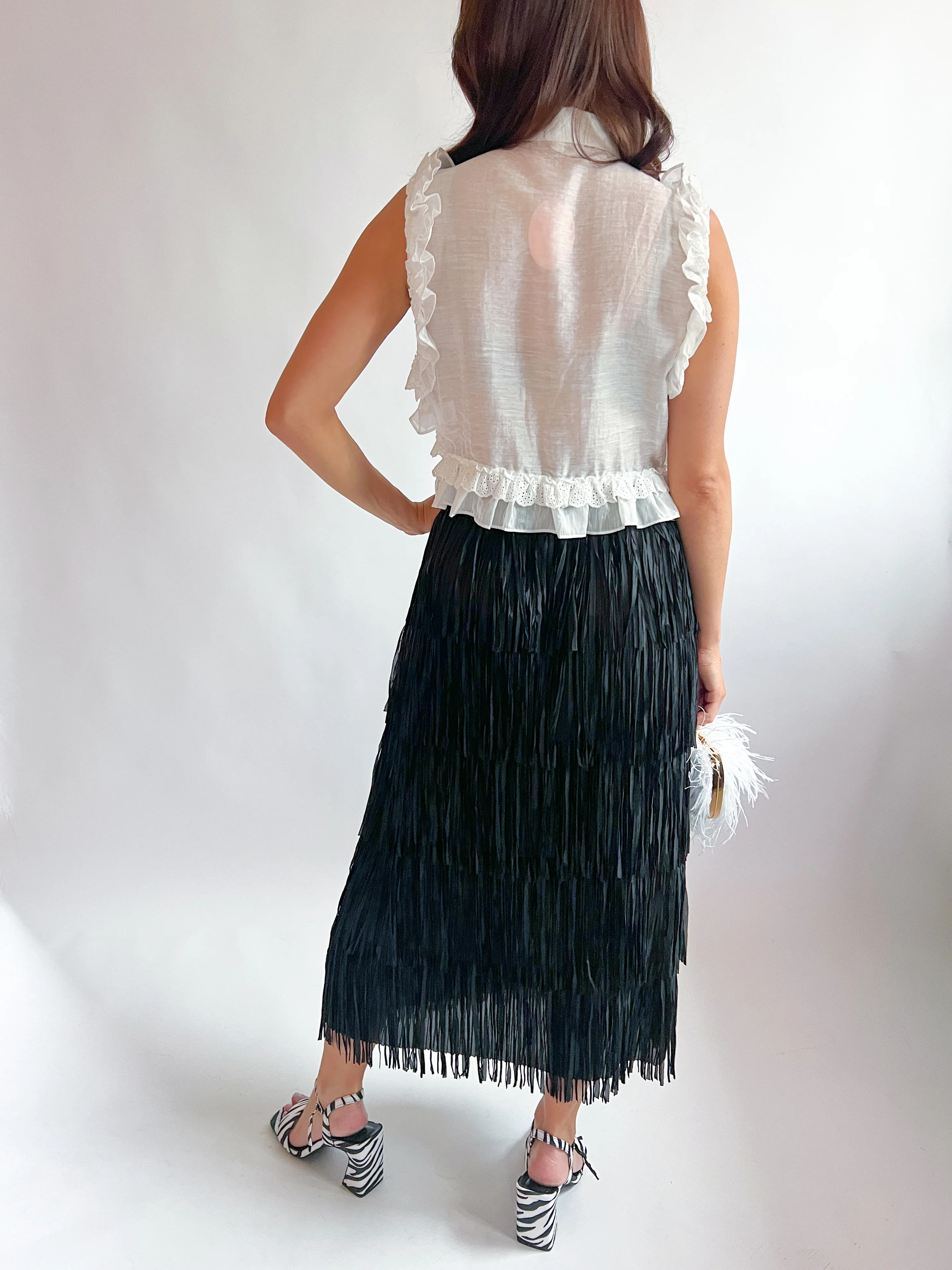 Fringed High Waist A-Line Tiered Skirt - Image 6