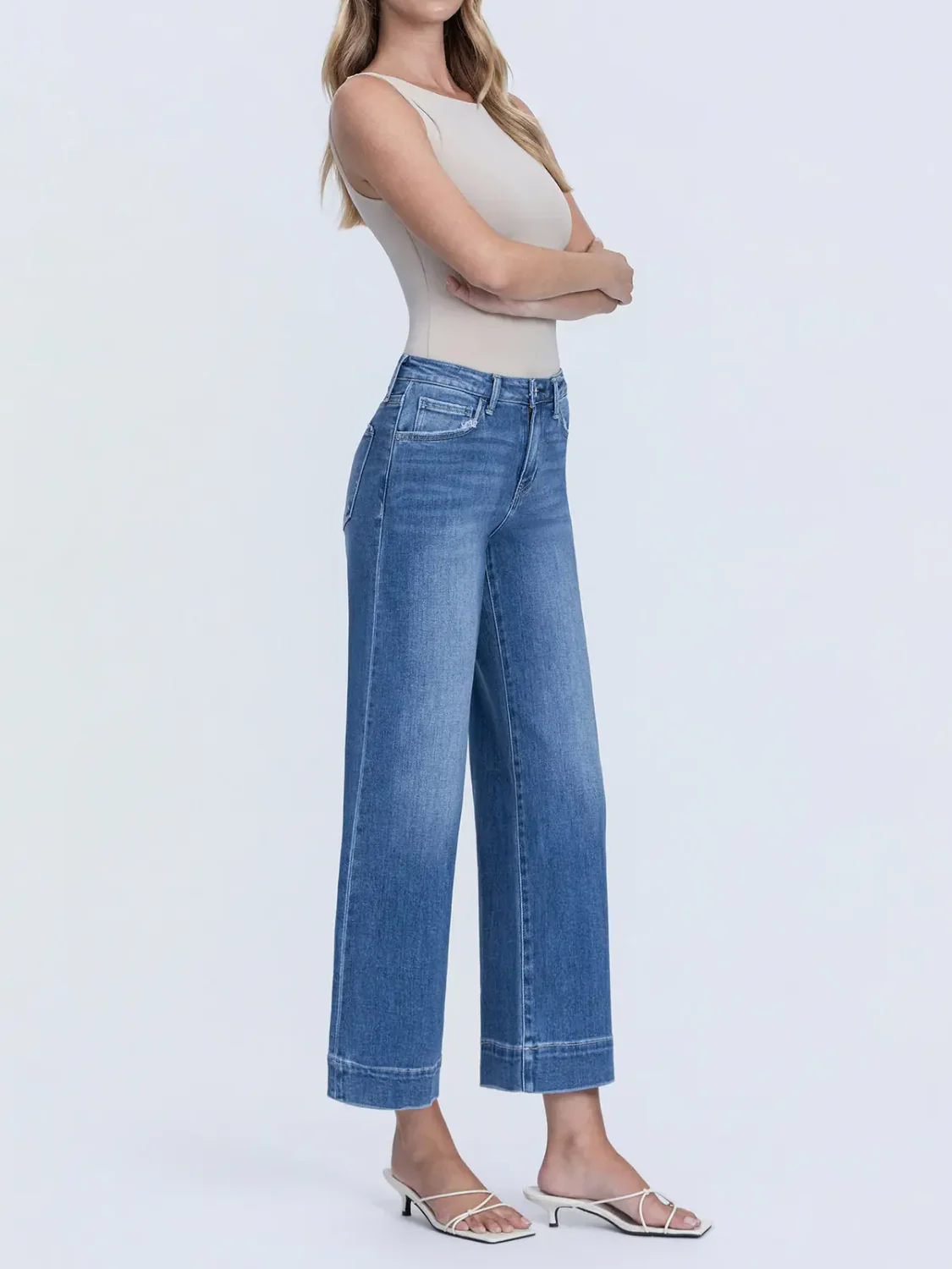High Rise Medium Dark Crop Wide Trouser Jeans - Image 3