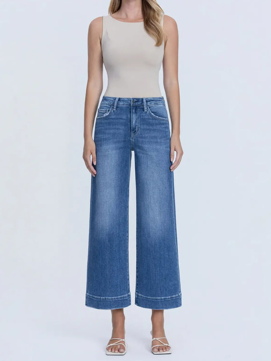 High Rise Medium Dark Crop Wide Trouser Jeans - Image 4