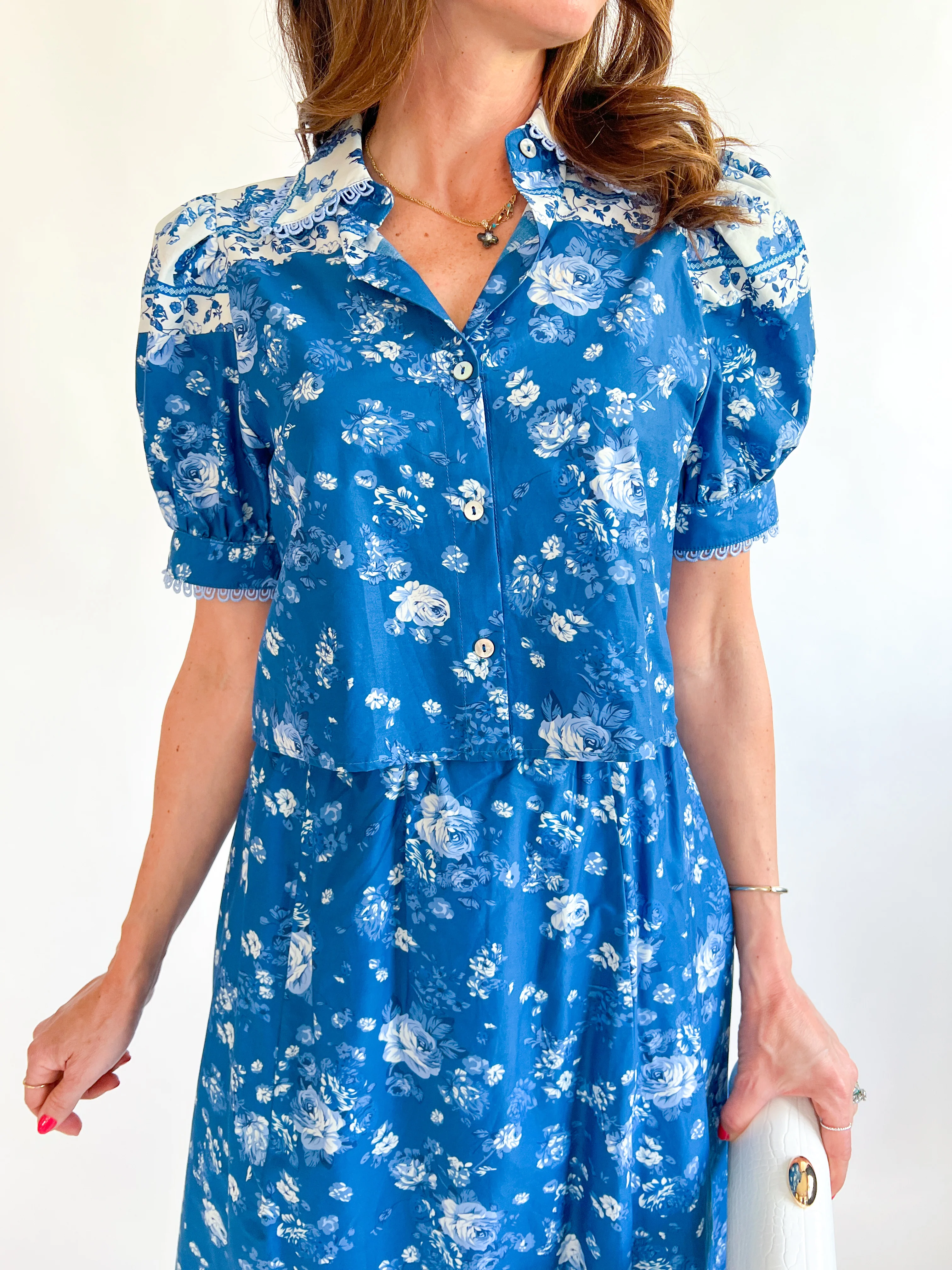 Indigo Floral Buttoned Top