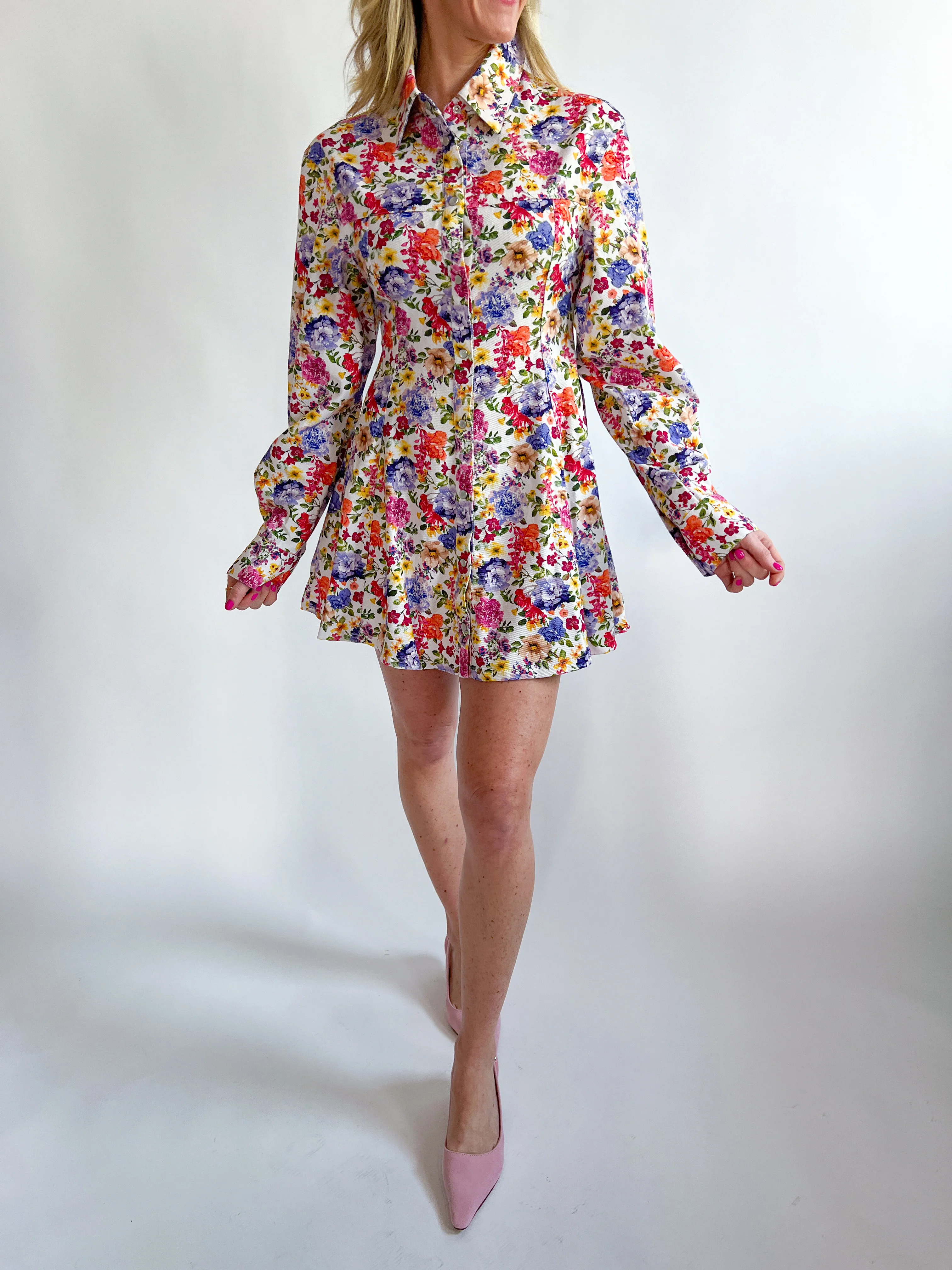 Long Sleeve Flower Mini Dress - Image 2