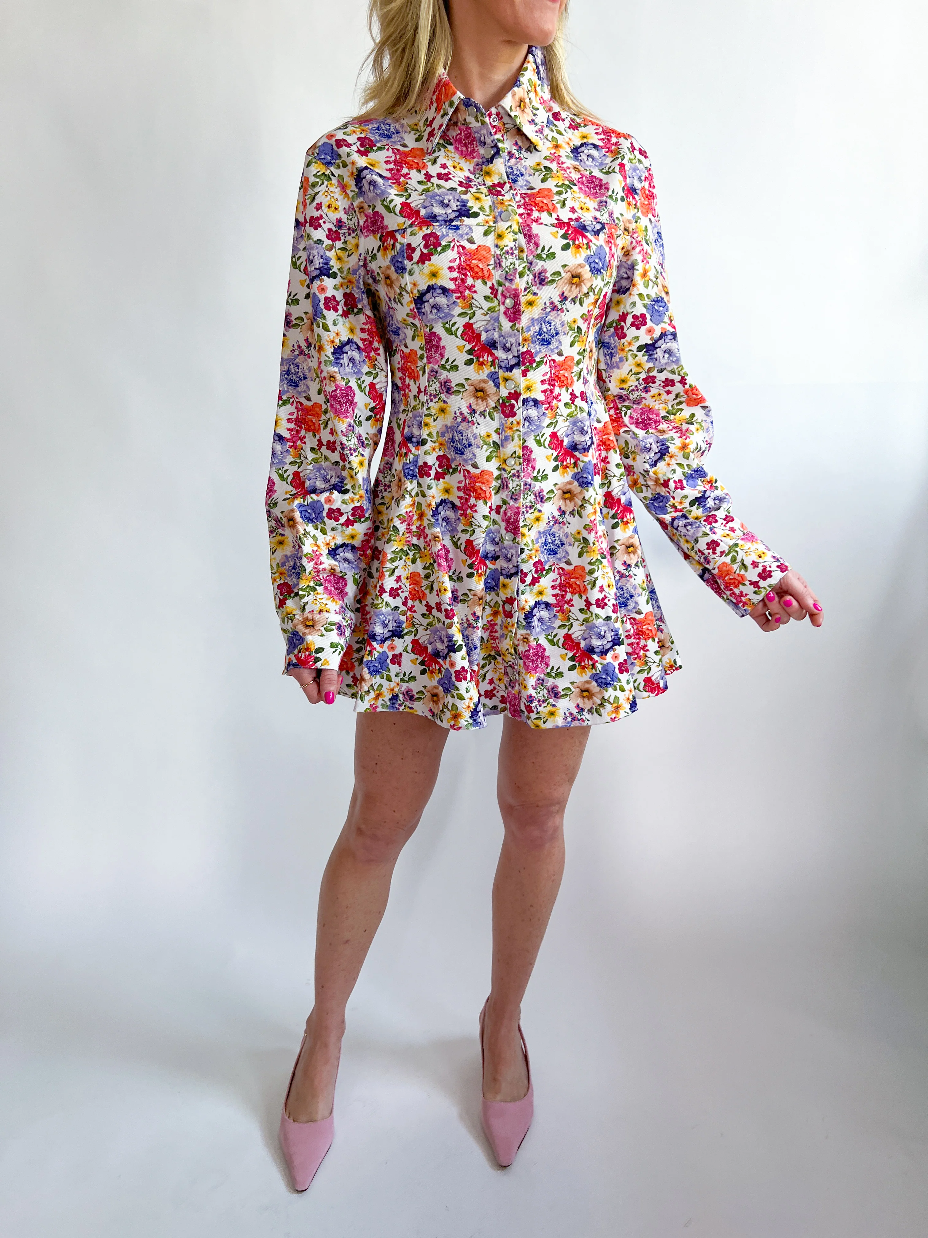 Long Sleeve Flower Mini Dress - Image 3