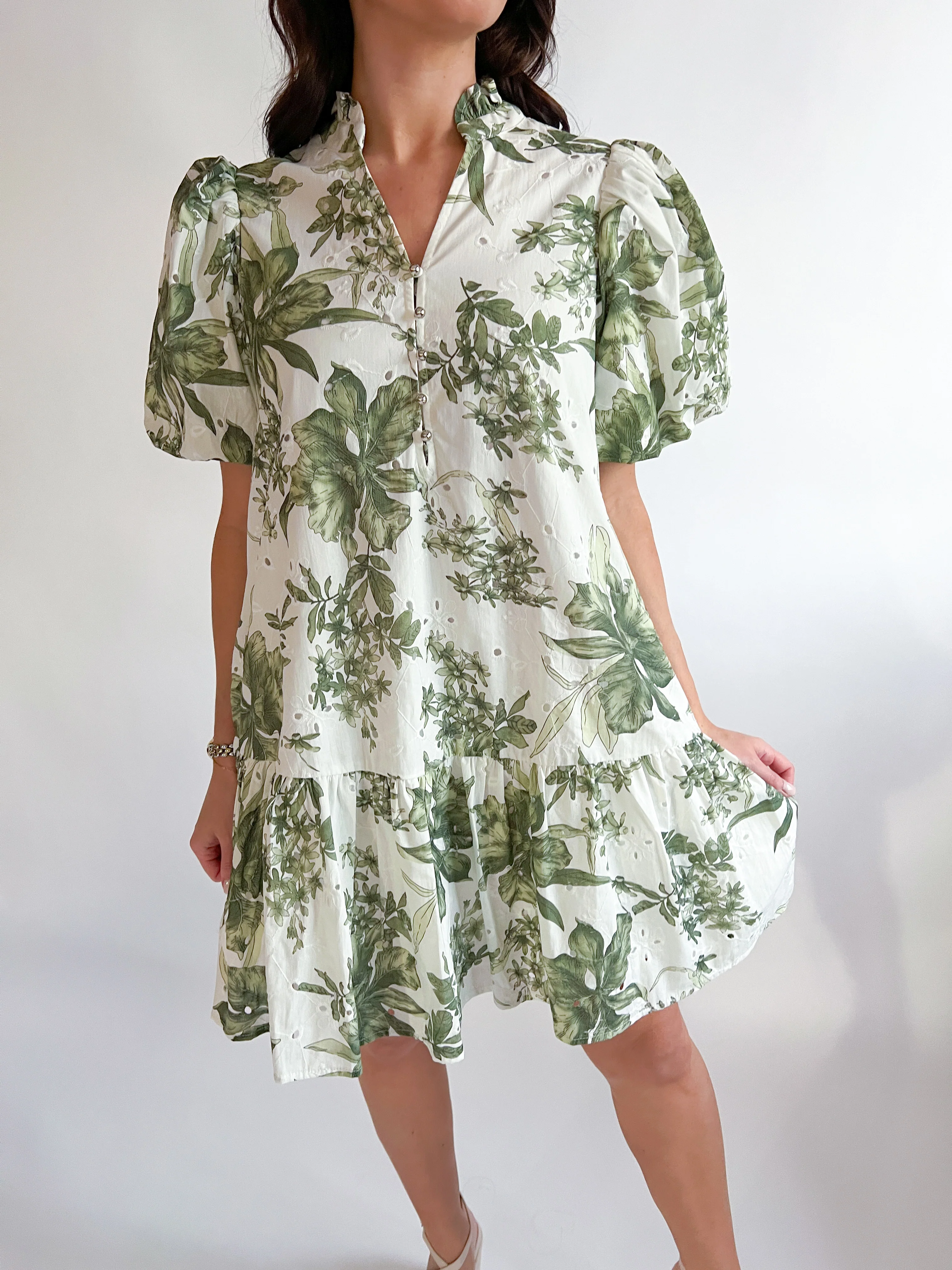 Botanical Print Short Puff Sleeve Mini Dress