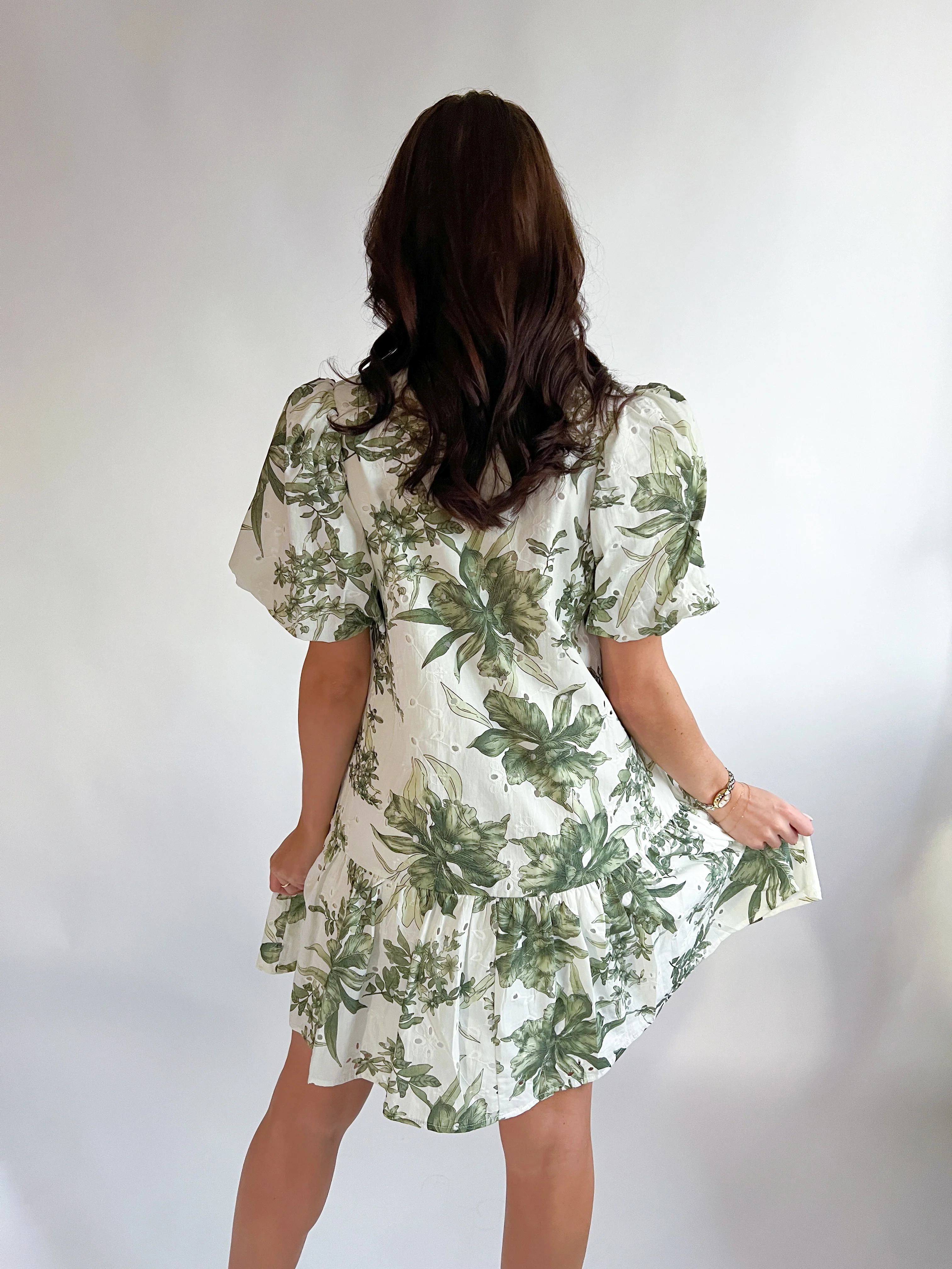 Botanical Print Short Puff Sleeve Mini Dress - Image 2