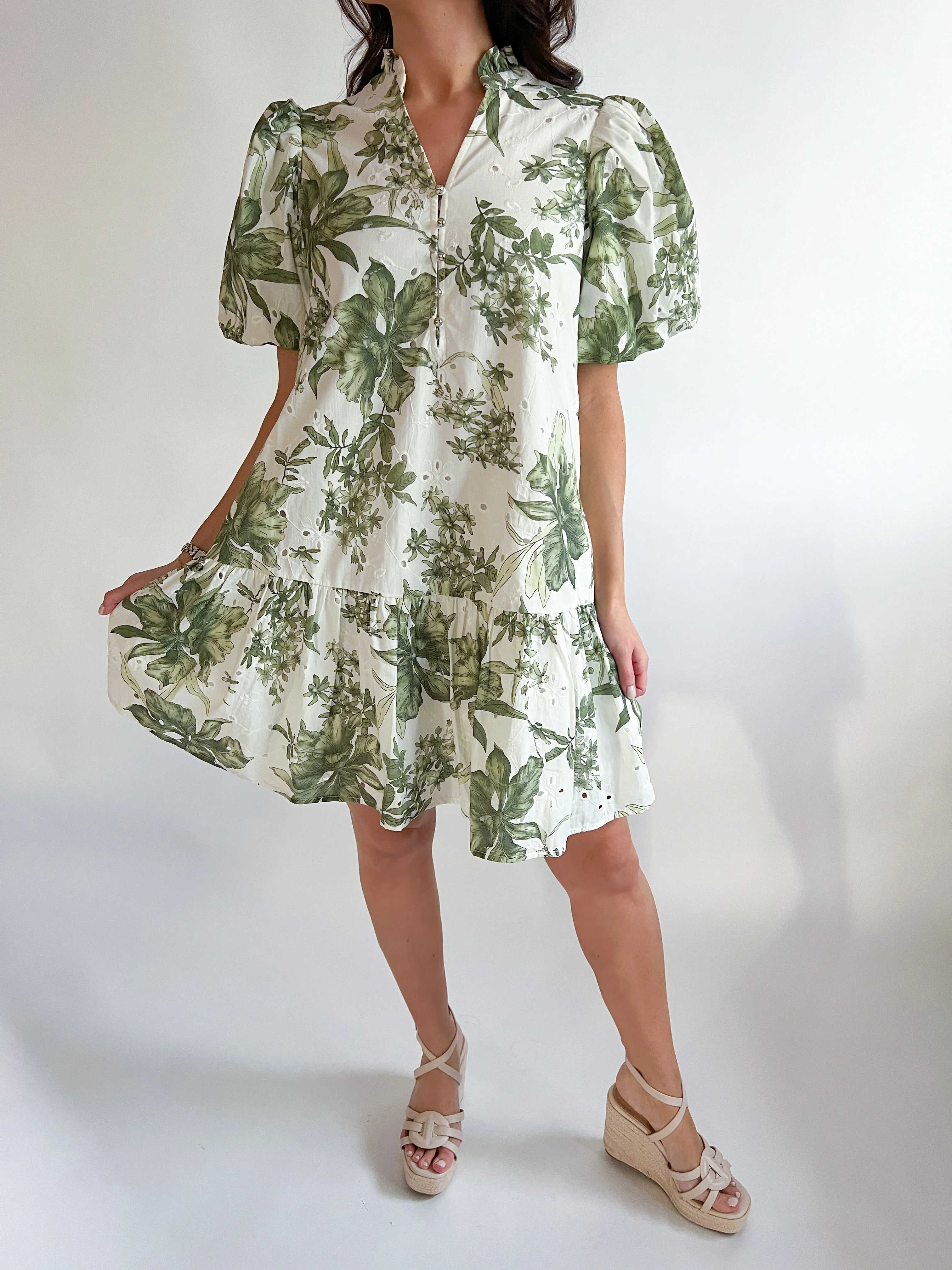 Botanical Print Short Puff Sleeve Mini Dress - Image 3