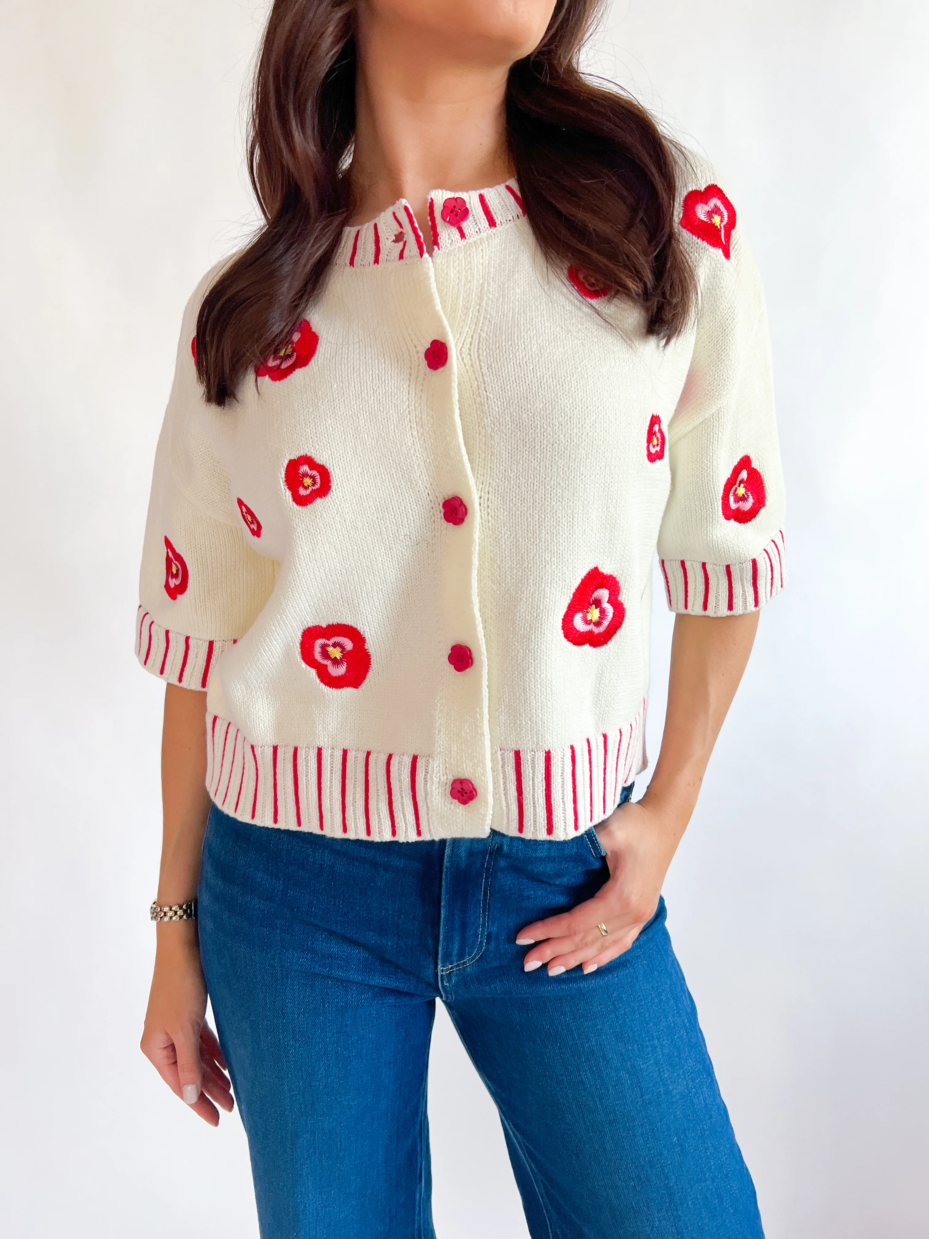 Floral Embroidered Short Sleeve Cardigan