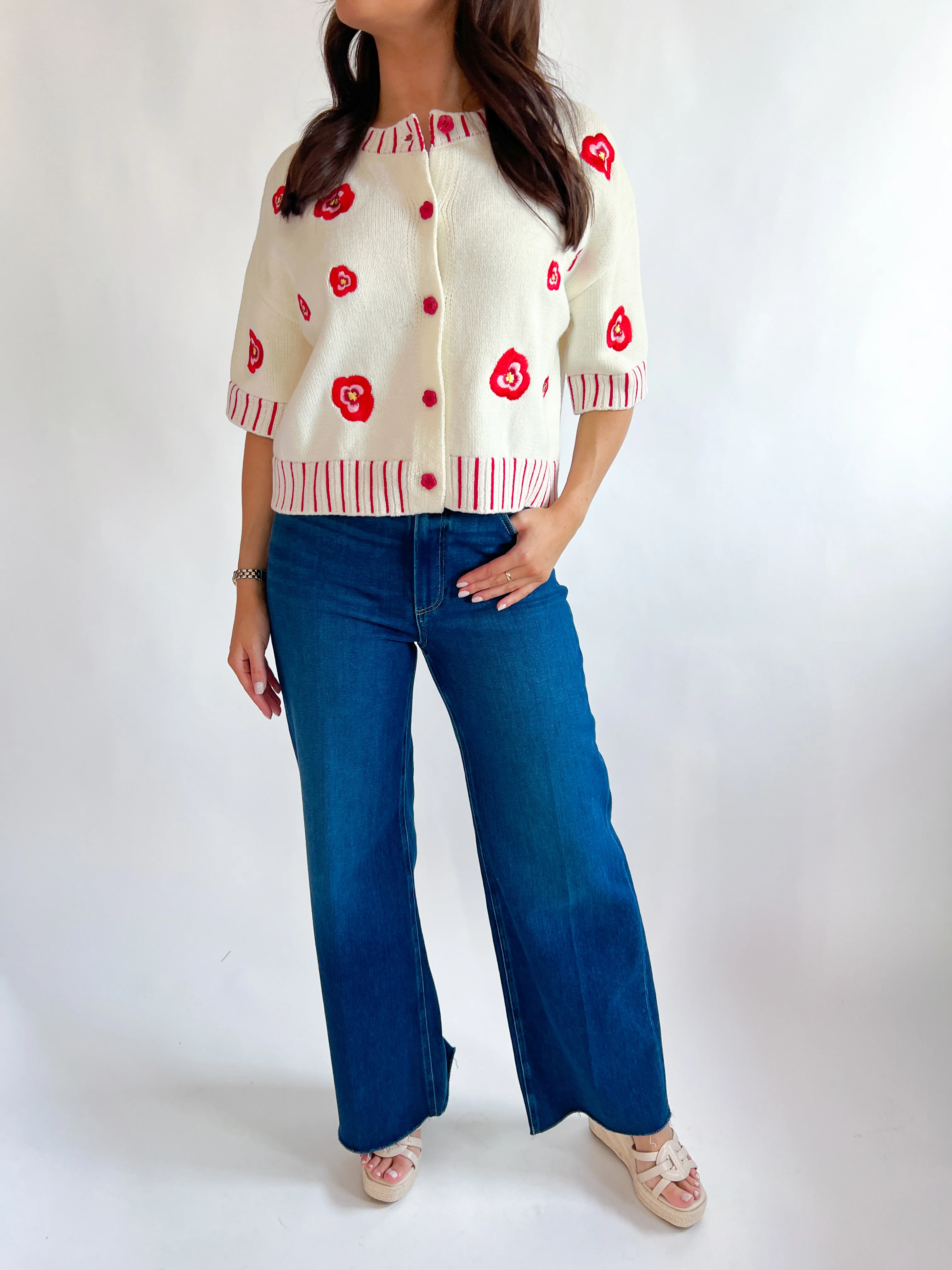 Floral Embroidered Short Sleeve Cardigan - Image 2