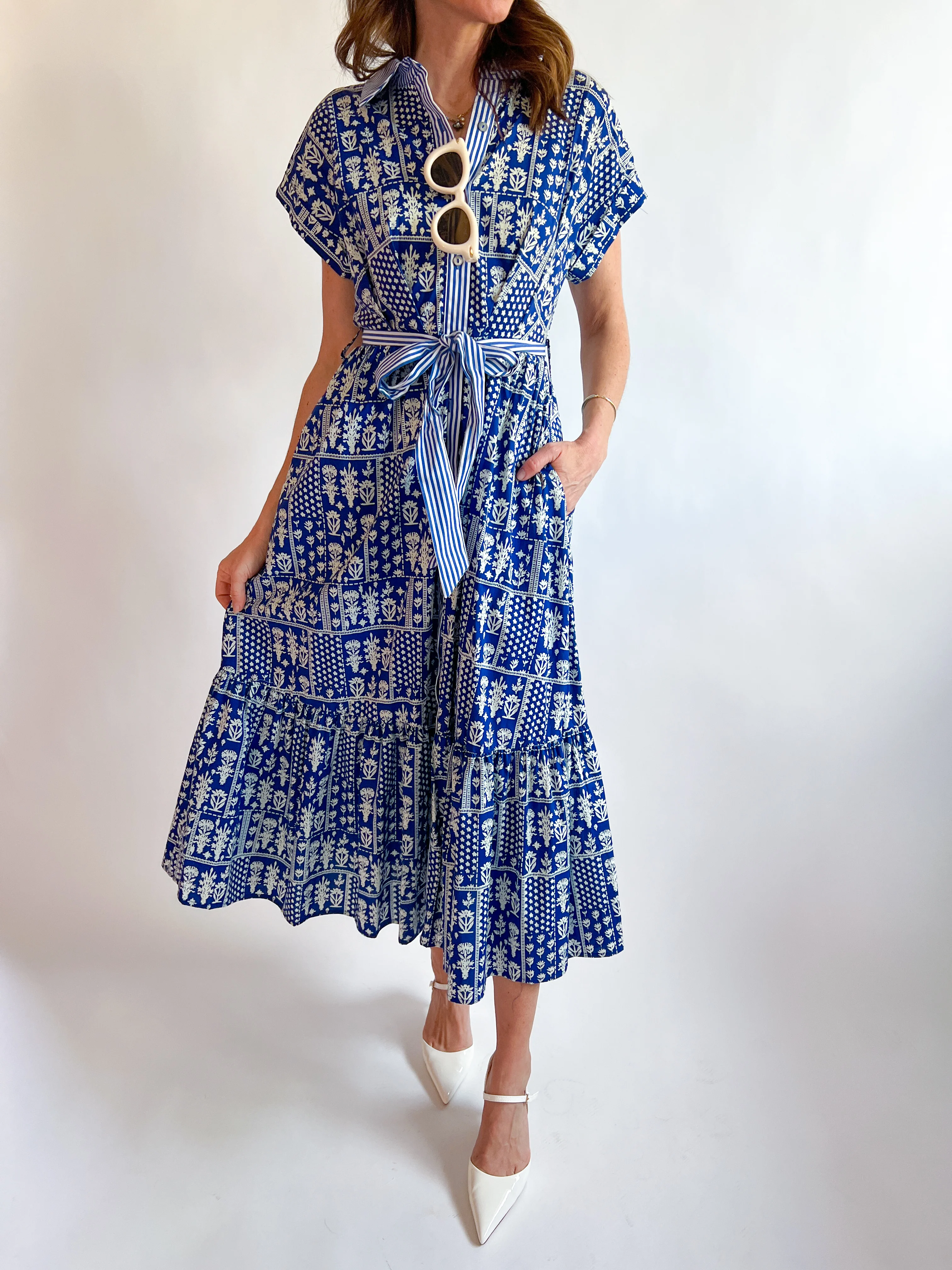 Janey Stripe Collared Floral Midi Dress