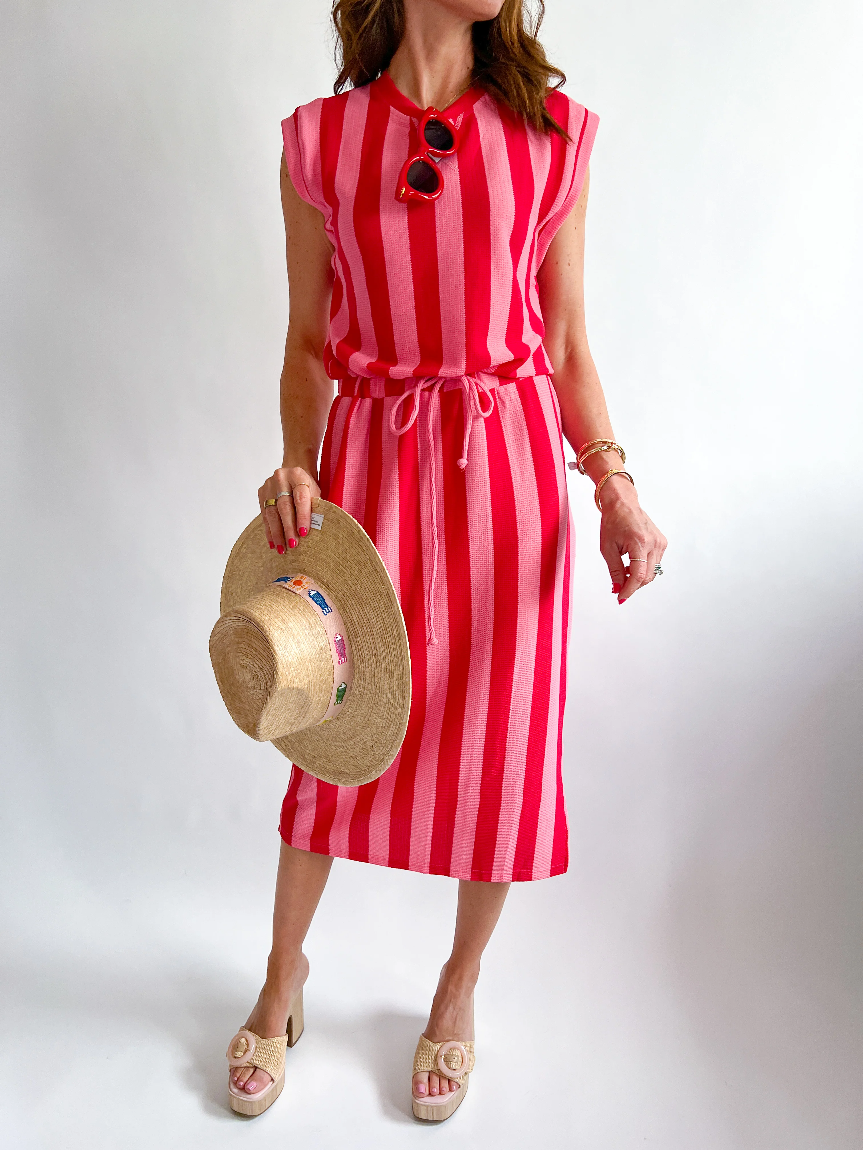 Pink Striped Knit Midi Dress