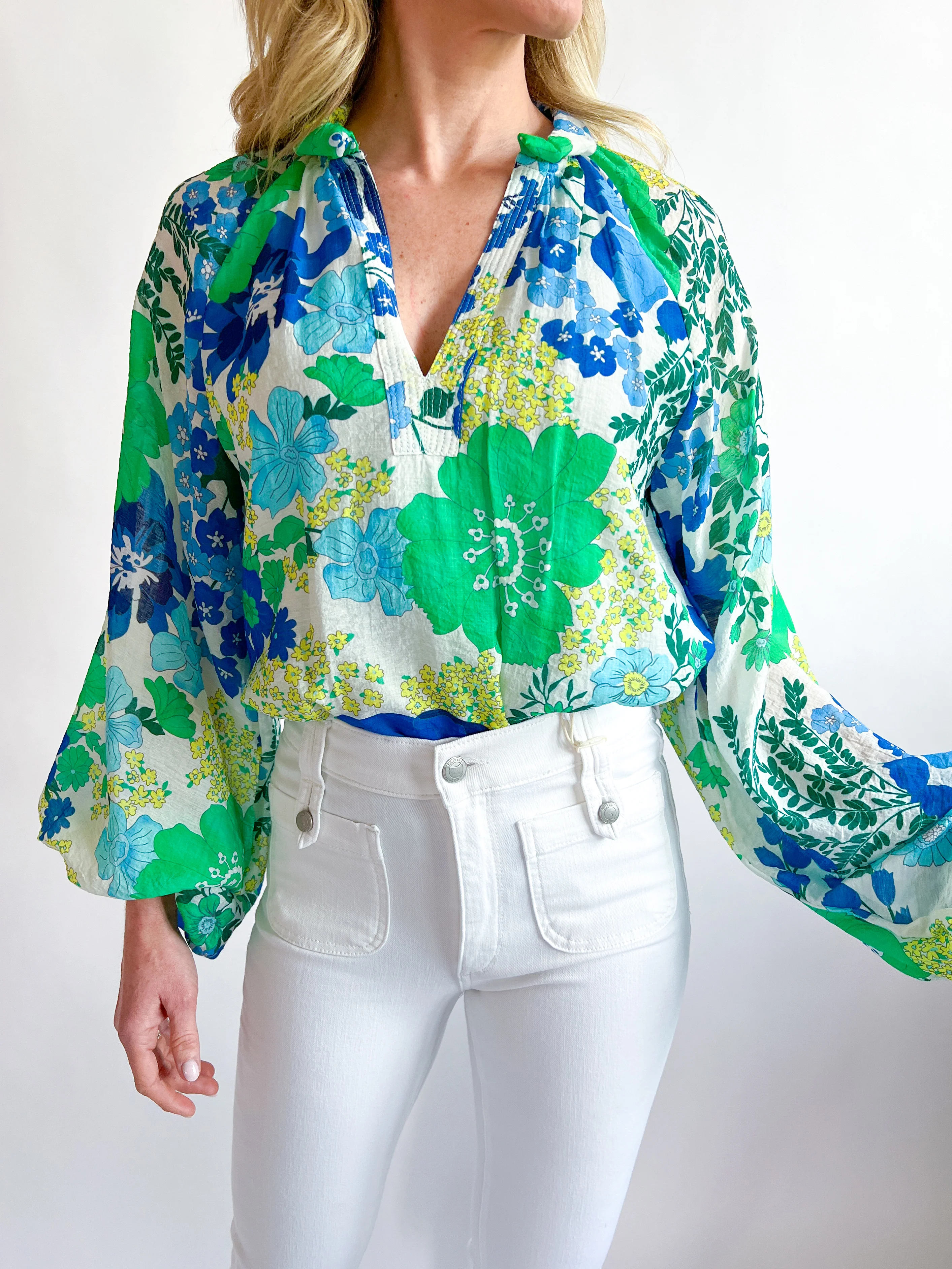 V-Neck Long Sleeve Floral Blouse