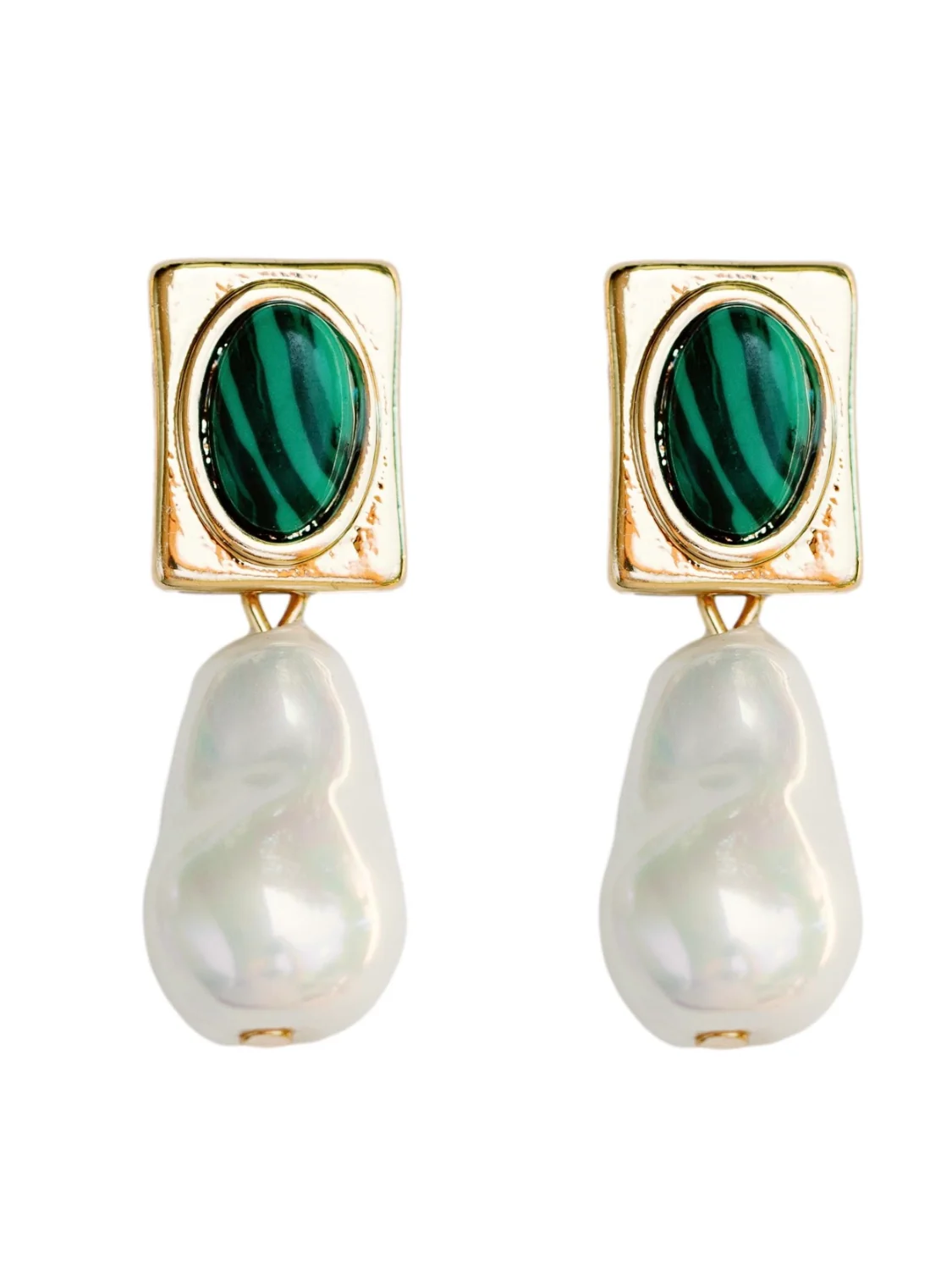 Vintage Square Malachite and Natural Pearl Drop Earrings