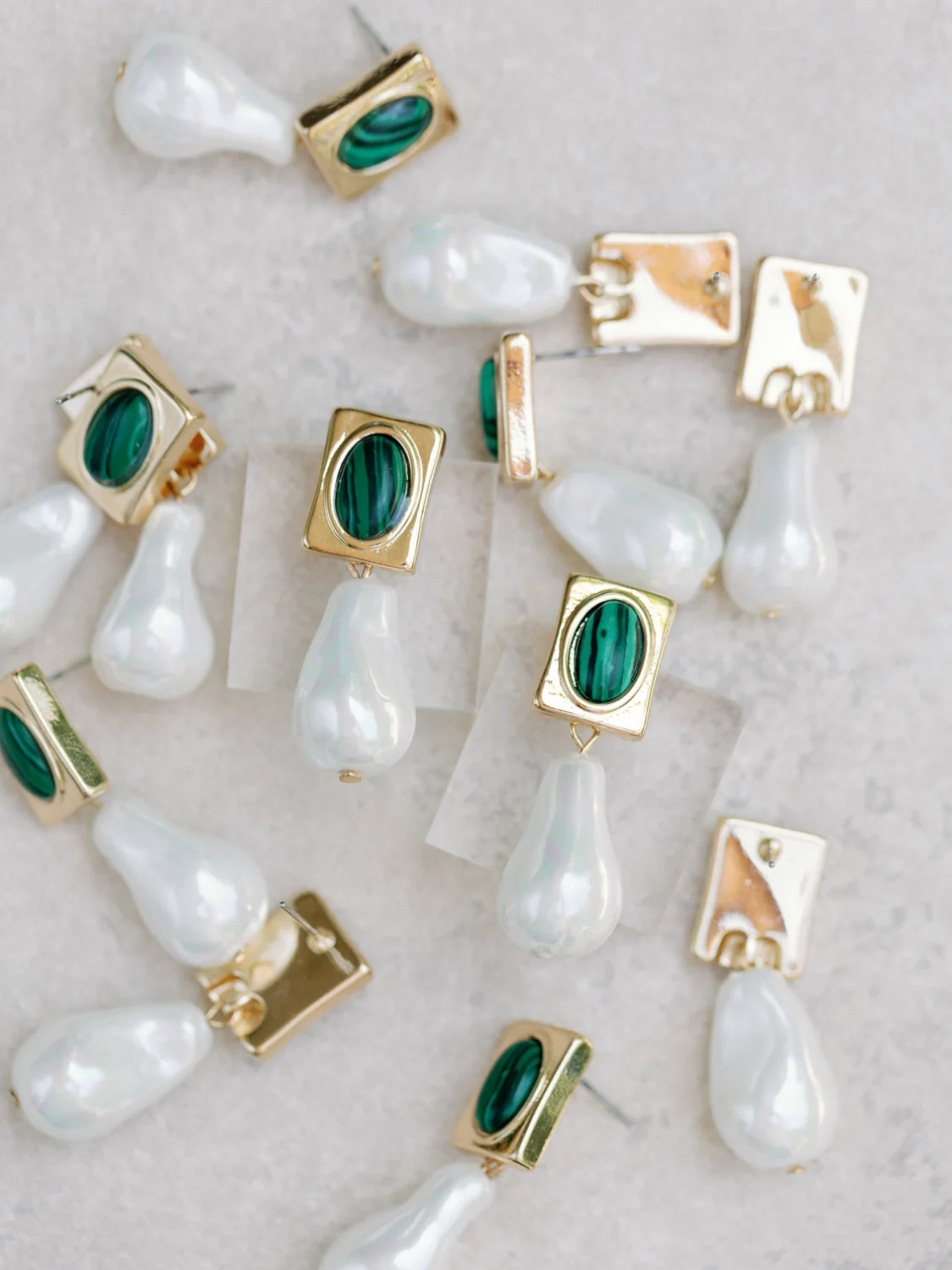 Vintage Square Malachite and Natural Pearl Drop Earrings - Image 2